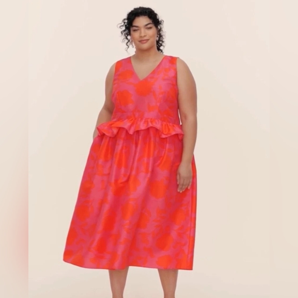 New! Kate Spade Classic Pink & Red Rose Floral Peplum Sleeveless Midi Dress NWOT